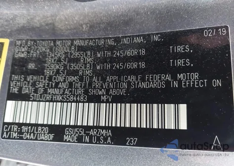 2019 Toyota Highlander Xle from USA, damaged, VIN 5TDJZRFHXKS584483